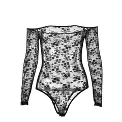 Lace see through off shoulder long sleeve bodysuit
