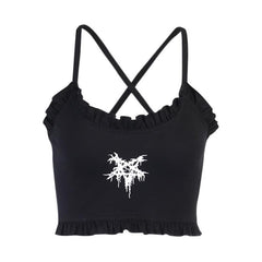 Cross back ruffle backless star pattern crop top