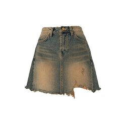 Contrast raw hem button irregular denim mini skirt