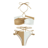 Halter contrast textured cross front self tie bikini swimwear
