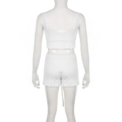 Drawstring ruffle solid self tie v neck cami pant set