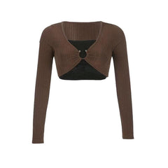 Long sleeve solid o ring ruched hollow out crop top