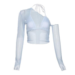 Mesh off shoulder contrast long sleeve ruffle 2 piece crop top