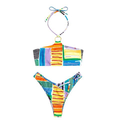 Contrast striped print o ring halter backless bikini swimwear