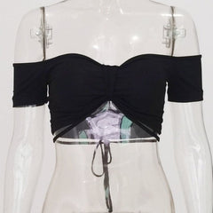 Off shoulder short sleeve knotted solid self tie back top