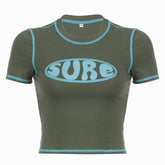 Stitch contrast short sleeve "sure" pattern crewneck crop top