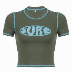 Stitch contrast short sleeve "sure" pattern crewneck crop top