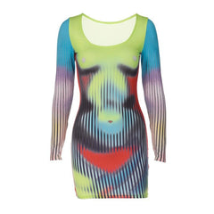 Long sleeve u neck contrast body print mini dress
