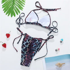 Leopard print contrast self tie halter backless ruched bikini swimwear