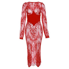 Lace see through solid long sleeve corset zip-up slit midi dress