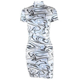 Ripple print contrast high neck short sleeve mini dress