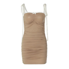 Ruched lace hem self tie square neck backless mini dress