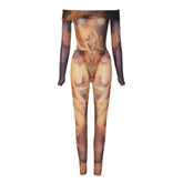 Gloves off shoulder long sleeve abstract print sheer mesh see through bodysuit pant set