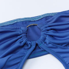 Ruched hollow out solid o ring ruffle backless tube mini dress