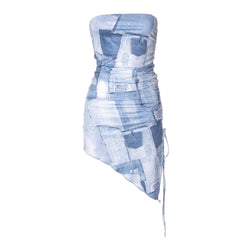 Denim print irregular ruched backless contrast tube mini dress
