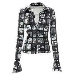 Turnover collar buttoned flared long sleeve print top