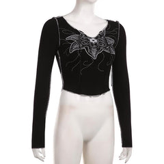 Stitch long sleeve abstract notch neck contrast crop top