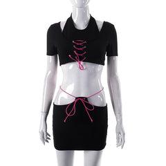 Contrast halter hollow out short sleeve lace up mini skirt set
