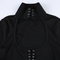 Lace up hollow out solid long sleeve maxi dress