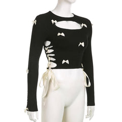 Bowknot long sleeve hollow out lace up contrast top