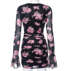 Long flared sleeve cowl neck ruffle flower print sheer mesh mini dress