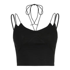 Halter solid spaghetti strap backless lace up crop top - Final Sale