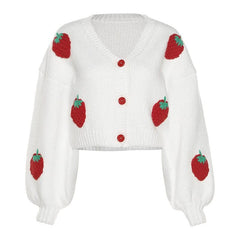 Button long sleeve v neck knitted strawberry applique cardigan top