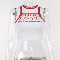 Contrast "FXXK BOYS" pattern ribbed sleeveless crop top