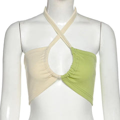 Ribbed contrast halter cross front drawstring backless crop top - Final Sale