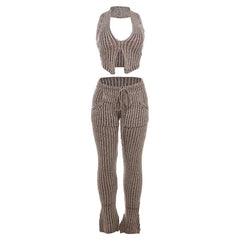 Textured striped contrast halter slit pocket v neck pant set