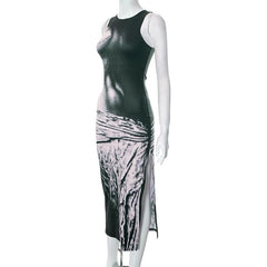 Contrast print sleeveless crewneck slit midi dress