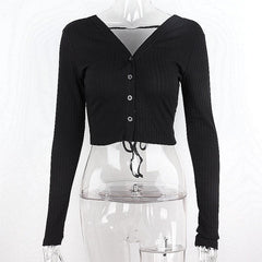 V neck button backless lace up back long sleeve crop top