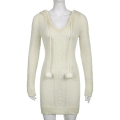 Crochet solid long sleeve hoodie v neck hairball mini dress - Final Sale