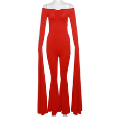Long flared sleeve solid off shoulder jumpsuit