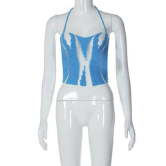 Solid halter self tie backless knitted hollow out crop top