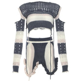 Long sleeve hollow out crochet ruffle contrast mini skirt set - Final Sale