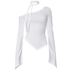 Long flared sleeve off shoulder ruched irregular top