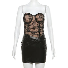 PU leather sweetheart neck patchwork zip-up lace tube mini dress