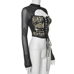 PRE ORDER - Mesh abstract patchwork hollow out long sleeve lace up crop top