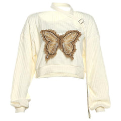 Butterfly embroidery irregular long sleeve contrast top