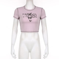 Stitch crewneck butterfly pattern contrast crop top