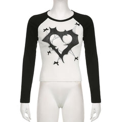 Heart pattern long sleeve patchwork contrast top