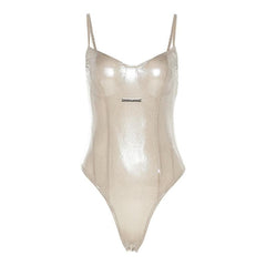 Metallic v neck metal tag backless sleeveless cami bodysuit