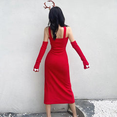 Solid halter bowknot applique slit gloves midi dress