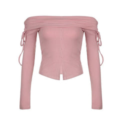 Ribbed long sleeve drawstring off shoulder solid button top