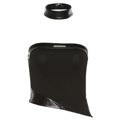 Sleeveless solid PU leather choker bustier tag backless crop top