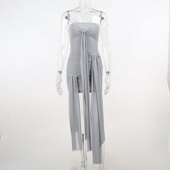 Solid mesh ruched self tie backless tube mini dress