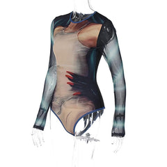 Long sleeve mesh contrast abstract button bodysuit