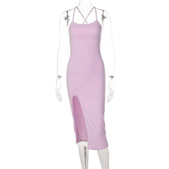 Cross back solid slit backless sleeveless midi dress