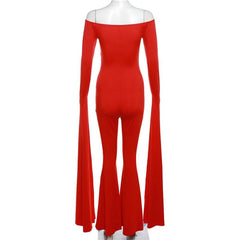 Long flared sleeve solid off shoulder jumpsuit